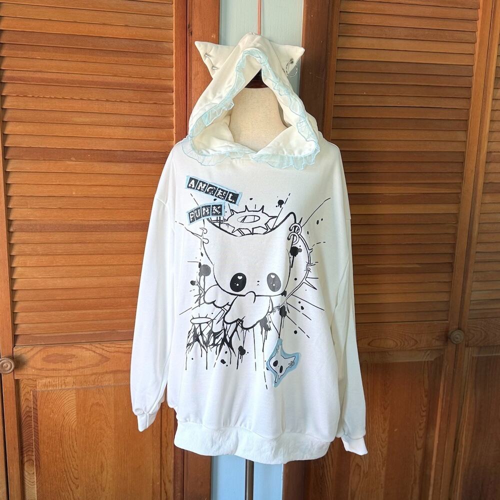 ACDC Rag Lolita EGL Yami Kawaii Angel Punk Kitty Cat Ears White Hoodie